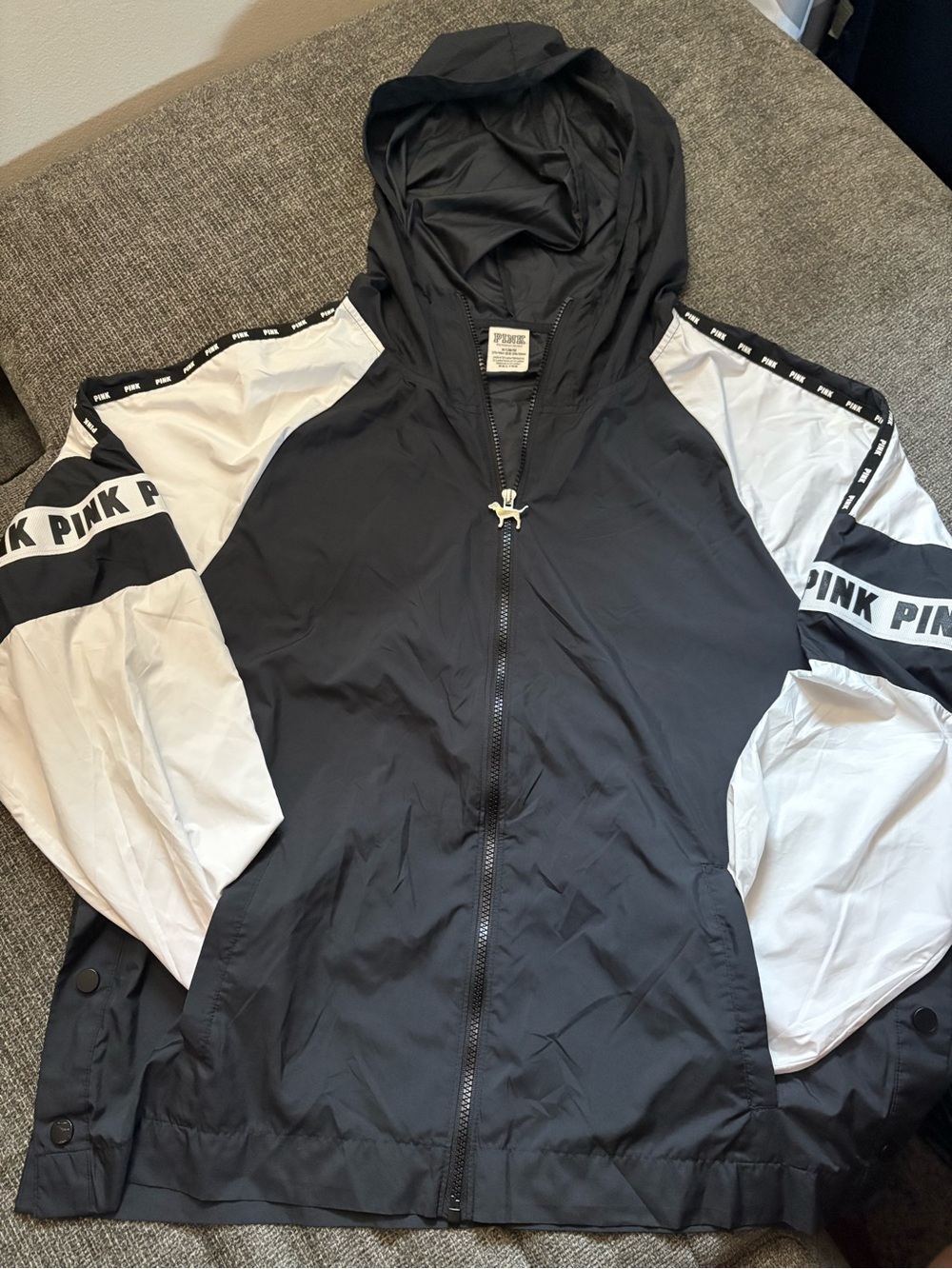PINK Victoria's Secret Black and White Hooded Bomber Jacket